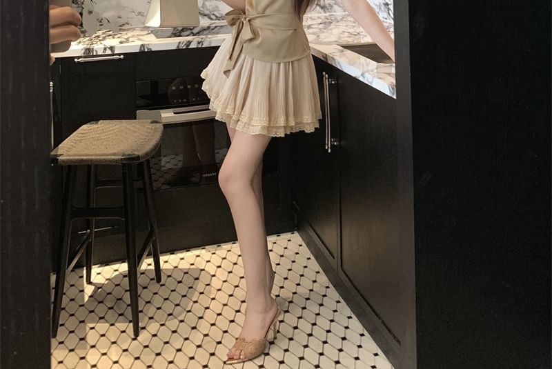 Sleeveless Asymmetrical Neck Plain Tie-Waist Satin Top / High Waist Plain Lace Trim Mini A-Line Skirt