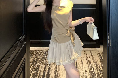 Sleeveless Asymmetrical Neck Plain Tie-Waist Satin Top / High Waist Plain Lace Trim Mini A-Line Skirt