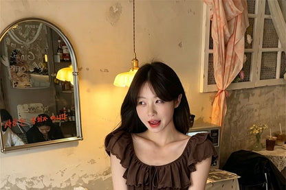 Cap-Sleeve Plain Lace Trim Ruffle Blouse