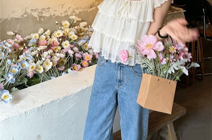 Cap-Sleeved Lace Trim Ruffle Blouse