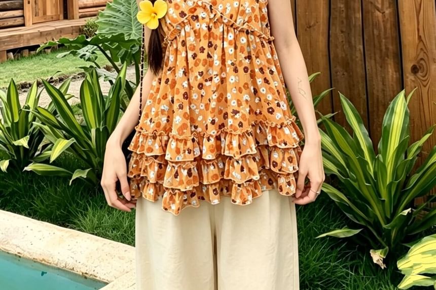Floral Ruffle Flowy Camisole Top - Solid
