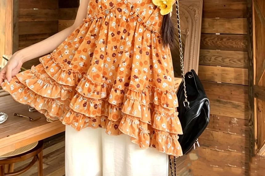 Floral Ruffle Flowy Camisole Top - Solid