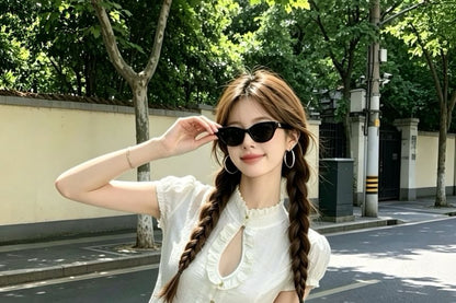 Puff-Sleeve Mock Neck Plain Ruffle Cutout Blouse / High Waist Lace Trim Mini A-Line Skirt