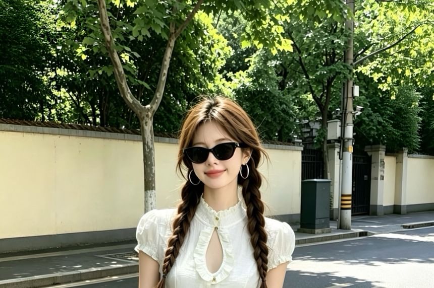 Puff-Sleeve Mock Neck Plain Ruffle Cutout Blouse / High Waist Lace Trim Mini A-Line Skirt