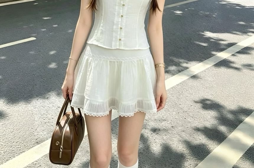 Puff-Sleeve Mock Neck Ruffle Blouse & High-Waisted Lace Mini Skirt Set