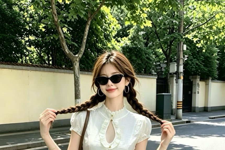 Puff-Sleeve Mock Neck Ruffle Blouse & High-Waisted Lace Mini Skirt Set