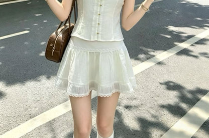 Puff-Sleeve Mock Neck Ruffle Blouse & High-Waisted Lace Mini Skirt Set