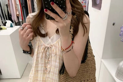 Sleeveless V-Neck Plain Mesh Top / Floral Flowy Camisole Top / Plaid Camisole Top / Set