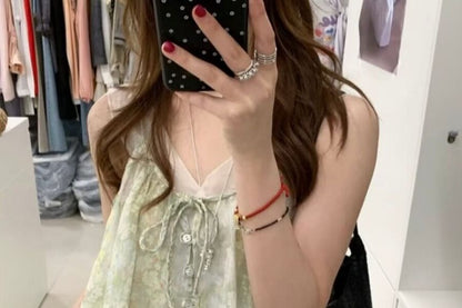 Sleeveless V-Neck Mesh Top with Floral and Plaid Camisole Set