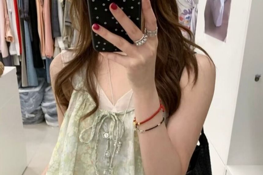 Sleeveless V-Neck Plain Mesh Top / Floral Flowy Camisole Top / Plaid Camisole Top / Set