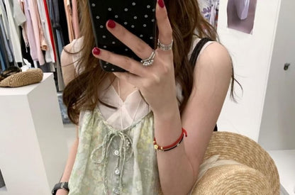 Sleeveless V-Neck Plain Mesh Top / Floral Flowy Camisole Top / Plaid Camisole Top / Set