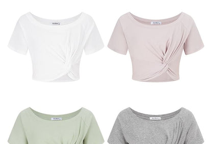 Short-Sleeve One-Shoulder Plain Knot Cropped T-Shirt