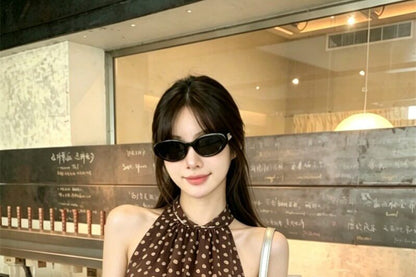 Halter Polka Dot Asymmetrical Blouse