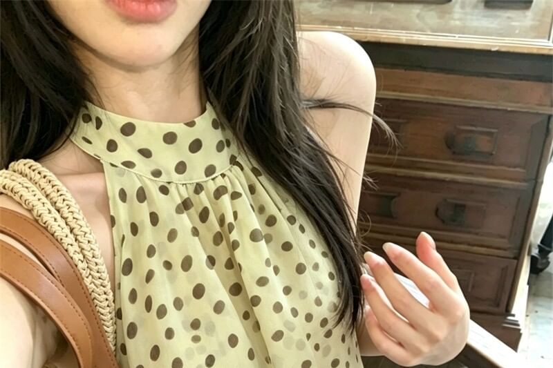 Halter Polka Dot Asymmetric Blouse - Solid