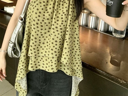 Halter Polka Dot Asymmetric Blouse - Solid