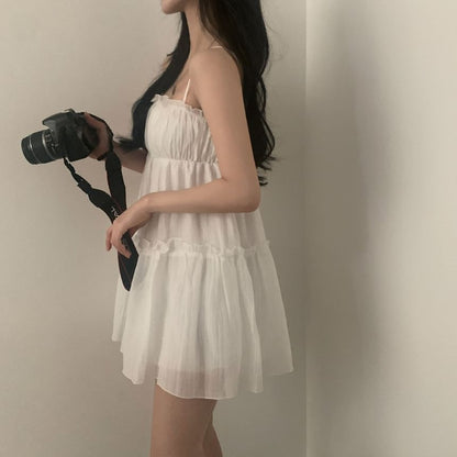 Thin Strap Simple Ruffle Trim Mini A-Line Dress