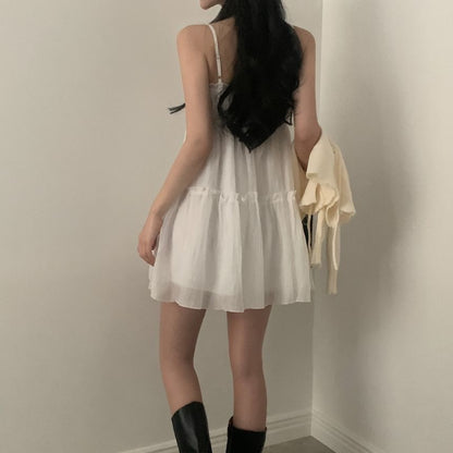 Thin Strap Simple Ruffle Trim Mini A-Line Dress