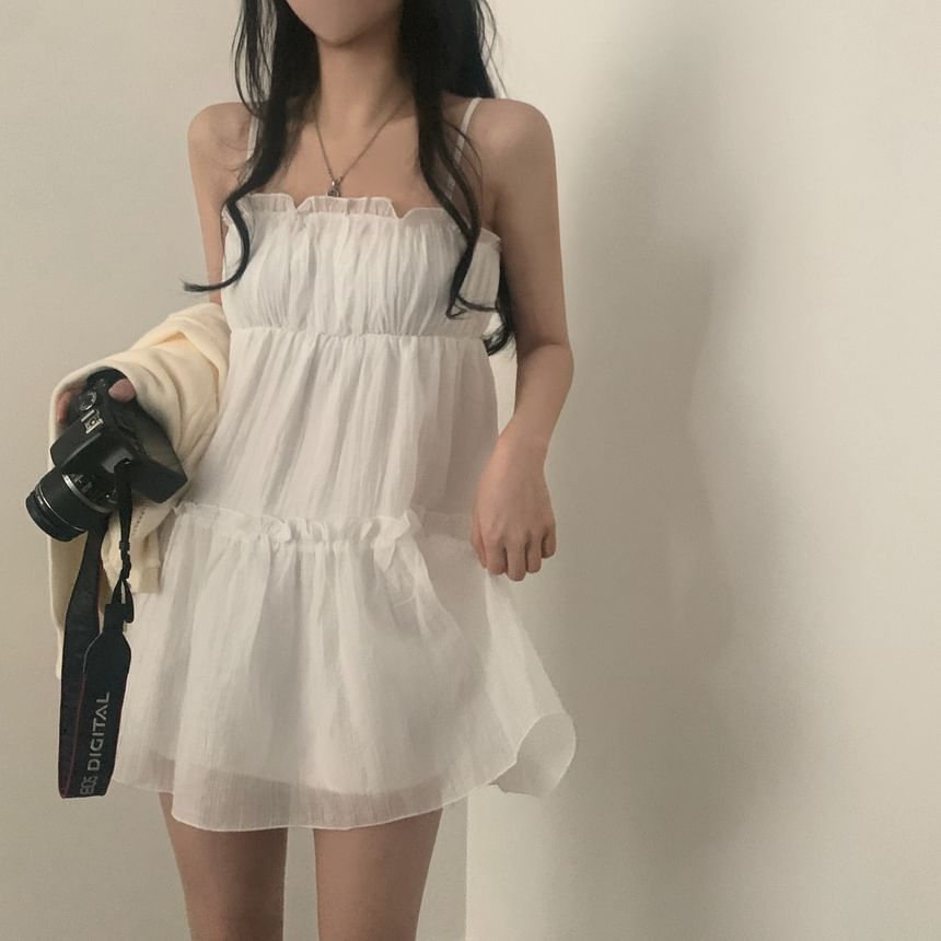 Thin Strap Simple Ruffle Trim Mini A-Line Dress