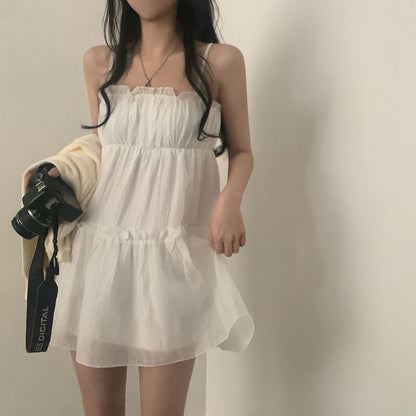 Thin Strap Simple Ruffle Trim Mini A-Line Dress