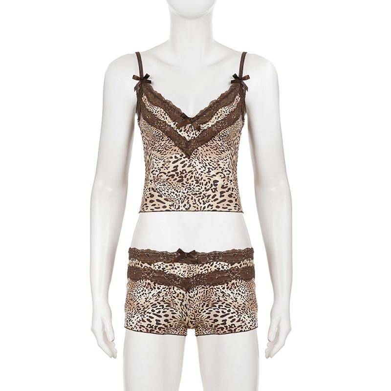 Leopard Print Crop Camisole V-Neck & Low Rise Shorts Set