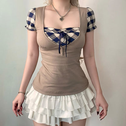 Short-Sleeve Square Neck Plaid Panel Mock Two Piece Top
