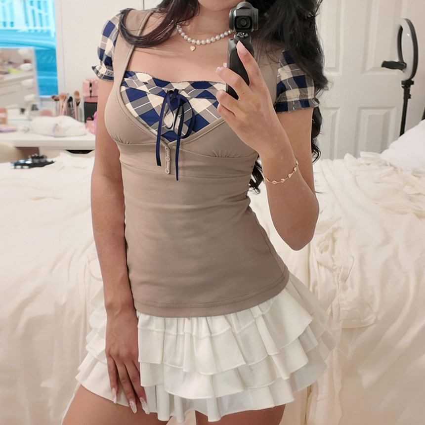 Plaid Panel Mock Two Piece Square Neck Top