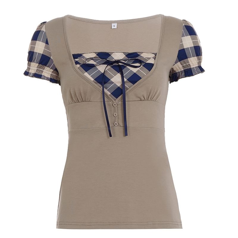Short-Sleeve Square Neck Plaid Panel Mock Two Piece Top