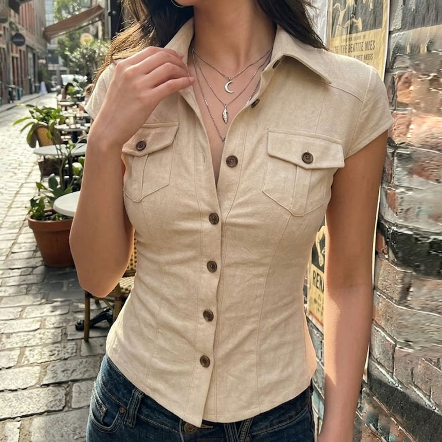 Collared Button-Up Shirt Cap Sleeve