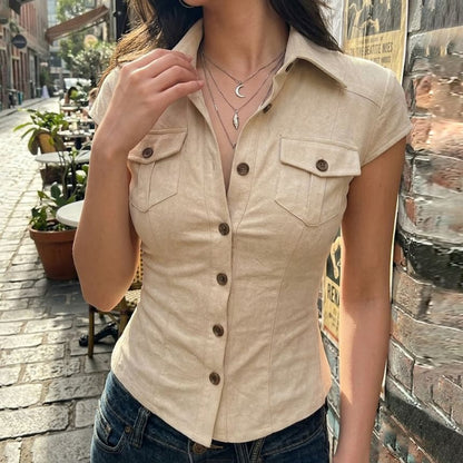Collared Button-Up Shirt Cap Sleeve