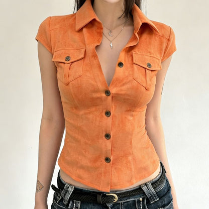 Collared Button-Up Shirt Cap Sleeve
