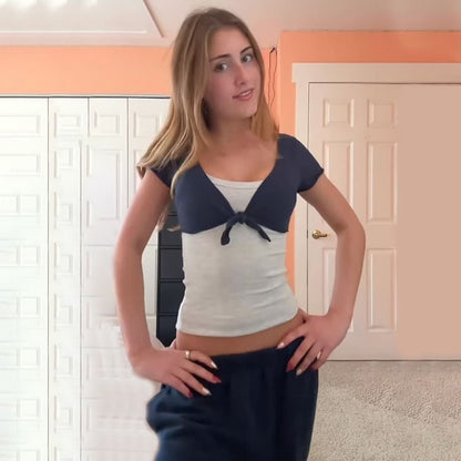 Cap Sleeve V-Neck Plain Tie Front Crop Top