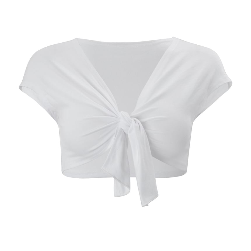 Cap Sleeve V-Neck Plain Tie Front Crop Top