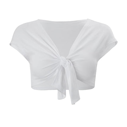 Cap Sleeve V-Neck Plain Tie Front Crop Top