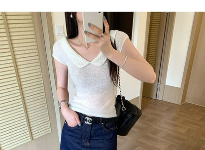 Textured Knit Top with Collar and Short Sleeves