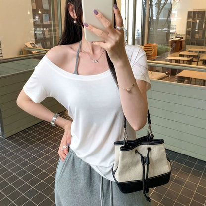 Asymmetrical Off-Shoulder Tee, Short Sleeves