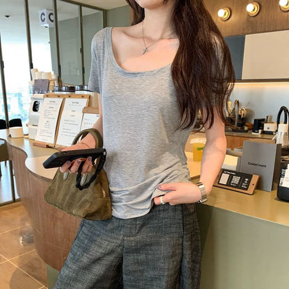 Asymmetrical Off-Shoulder Tee, Short Sleeves