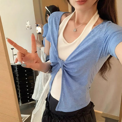 Crop Halter Neck Tee with Mock Two-Piece Look