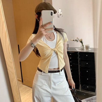 Crop Halter Neck Tee with Mock Two-Piece Look