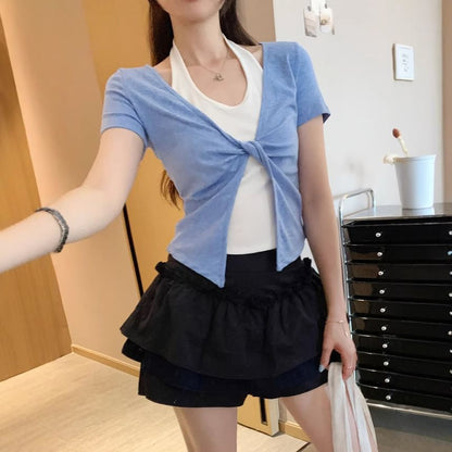 Crop Halter Neck Tee with Mock Two-Piece Look