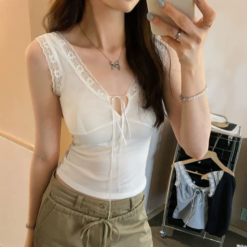 Lace Trim V-Neck Top, Sleeveless