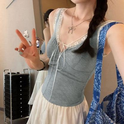 Lace Trim V-Neck Top, Sleeveless