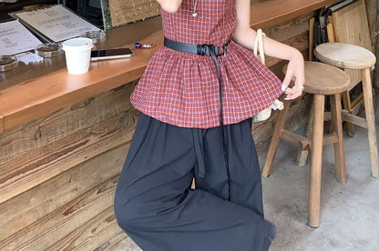 Plaid Bow Peplum Blouse Set with Faux Leather Belt