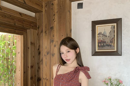Plaid Bow Peplum Blouse Set with Faux Leather Belt