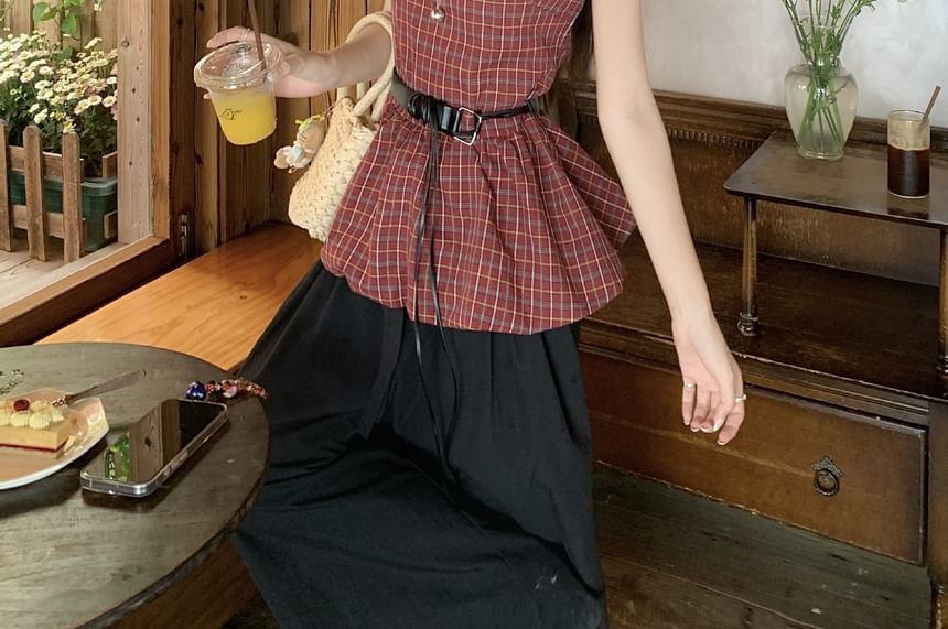 Plaid Bow Peplum Blouse Set with Faux Leather Belt