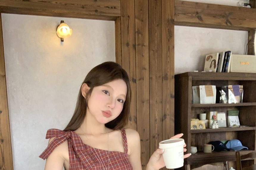 Plaid Bow Peplum Blouse Set with Faux Leather Belt