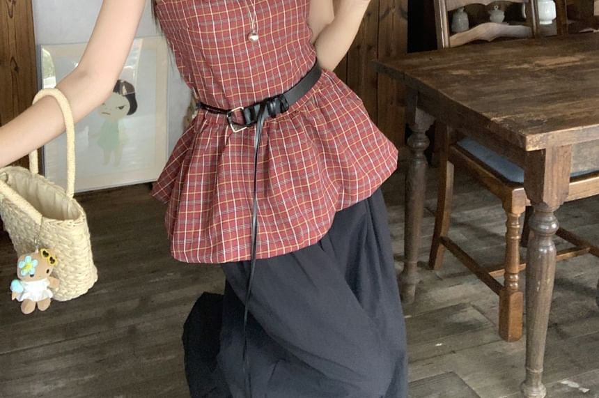 Plaid Bow Peplum Blouse Set with Faux Leather Belt