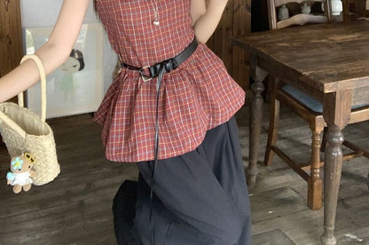 Plaid Bow Peplum Blouse Set with Faux Leather Belt