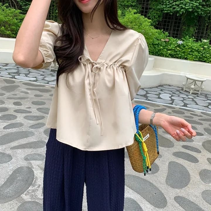 V-Neck Plain Blouse, Short Sleeve