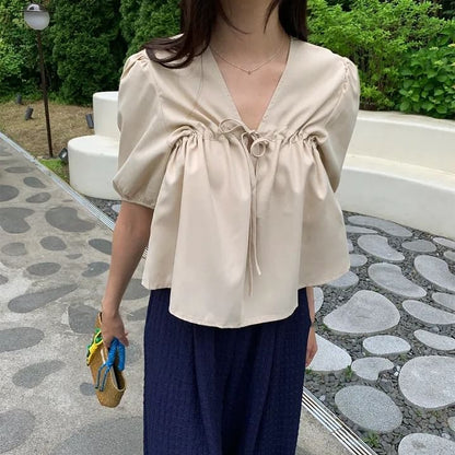 V-Neck Plain Blouse, Short Sleeve