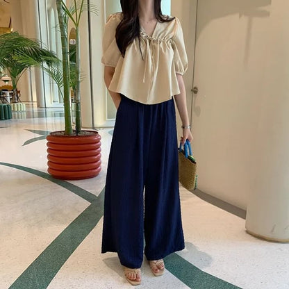 V-Neck Plain Blouse, Short Sleeve